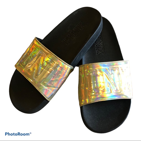 VS PINK Gold Iridescent Metallic Slides Sandal 7/8 - Picture 7 of 7